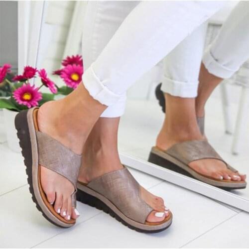 PU Leather Comfortable Shoes Flat Sole Ladies Casual Soft Big Toe Foot Correction Orthopedic Sandalwood Hallux Valgus Corrector