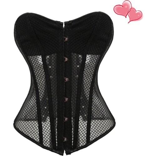 Sexy Summer Black Corsets Elastic Net Hollow Out Busk Closure Bustier Waist Cincher Women Mesh Waist Slimming Corsets S-XXL