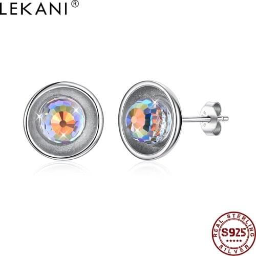 LEKANI 925 Sterling Silver Round Earrings For Women Shining Coloful Ball Austria Crystal Anniversary Holiday Gift Hot Selling