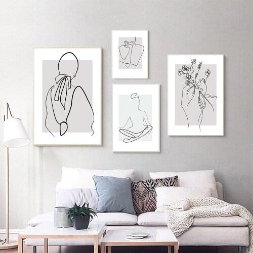 Nordic Minimalism Abstract Lady Line Print Posters Flower Canvas Painting Wall Art Figure Body Hand Pictures Livingroom Decor