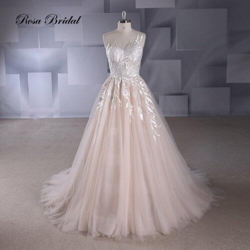 Rosabridal A-line wedding dress Champagne O collar sleeveless build in lace appliques lace up bridal gown with court tail