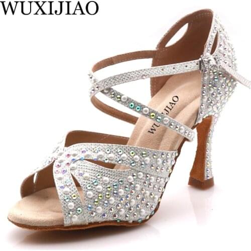 WUXIJIAO Brand Womens Ballroom Dance Latin Dance Shoes Salsa Dance Sandals 8.5/9/7.5CM High Heels