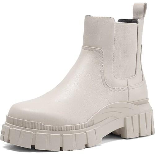 Platform Genuine Leather Women Chelsea Boots 2021 New Autumn Winter High Heels Ladies Ankle Boots Round Toe Casual Concise Shoes