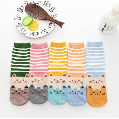 Ladys Casual socks Cotton Womens Garments and Female short sock Cartoon Lovely Cats breathable Stripe socks Gifts Crew Sock
