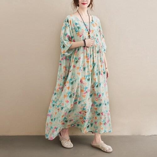 Johnature Print Vintage Loose Summer 2021 New Dresses Casual Half Sleeve Mori Girl O-Neck Ankle-length Women Dresses