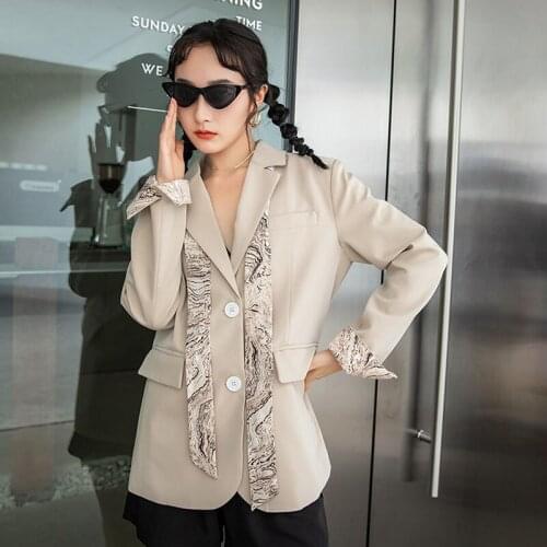 Spring Autumn 2021 Vintage Print Scarf Lace up Loose Big pocket Casual Blazer Single-breasted Long sleeve Women Short Suit Coat