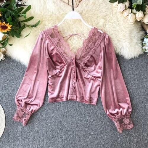 Autumn New Feminine Lace V-neck Stitched Air Short Crop Tops Women Long Slee Velvet Korean Fashion Clothing Blouse J836