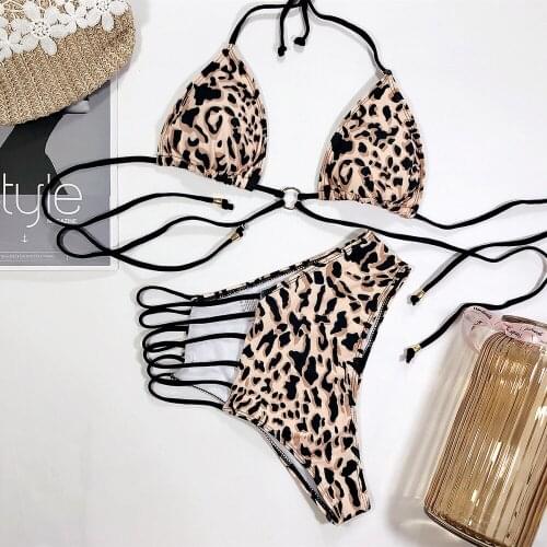 Leopard Cross Bandage Bikini Set Sexy Hollow Out Swimsuit Female Leopard Push Up Swimwear Women 2020 Bow Biquini Strap Beachwear