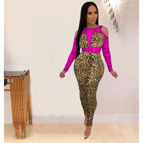 JRRY Women Leopard Jumpsuits Long Sleeve Gauze High Elasticity Zippers Bodysuit Print Patchwork Outdoor Wear