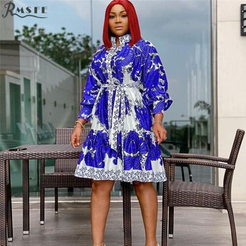 RMSFE 2021 European And American Womens Large Size 9 / 3 Sleeve Round Neck Fashion Sexy Ruffle Print Dress