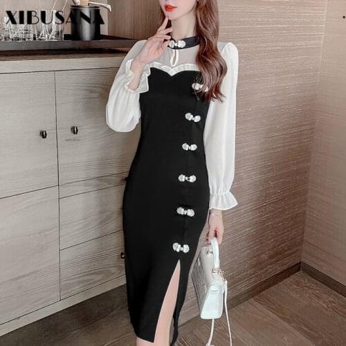 XIBUSANA Vintage Slim Improved Cheongsam Women 2021 Spring Autumn Female Long Sleeve Stand Collar Chiffon Patchwork Lady Dresses
