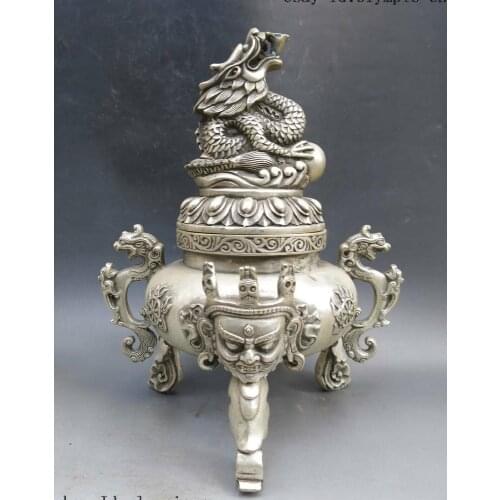 11" China silver buddhism dragon good luck money incense burner censer Statue
