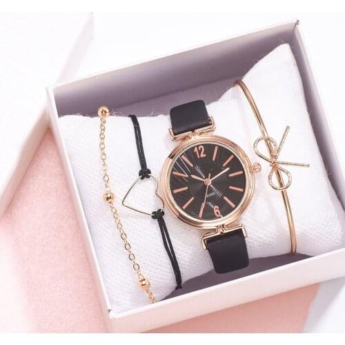 4PCS Set Fashion Leather Belt Watches For Women Casual Bracelet Luxury Black Number Dial Ladies Dress Quartz Clock Drop Shiping