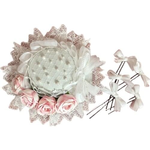 5 Pieces Hairpins Hats Set Japanese Sister Straw Hat Girl Hair Ribbon Party with Lace Edge Bowknot Hand Woven Pearl H9ED