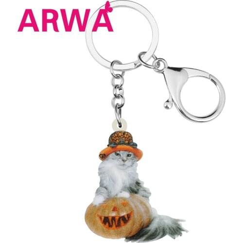 ARWA Acrylic Halloween Cute Cat Kitten Keychains Pumpkin Lantern Keyring Jewelry Cars Purse For Women Men Kids Trendy Gifts