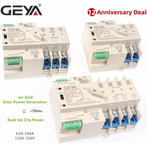NEW GEYA on-Grid Solar Power Automatic Transfer Switch Din Rail 2P 3P 4P 63A AC220V ATS PV System Power to City Power