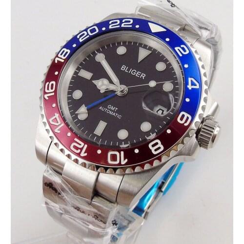 Bliger 40mm Big Mens Watch Black Dial Date Magnifier Sapphire Glass GMT Function Automatic Movement Wristwatch