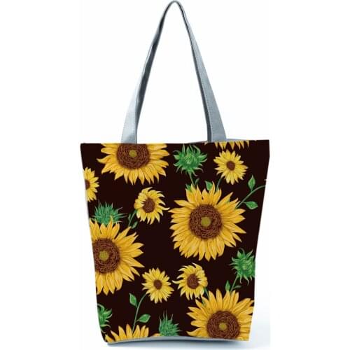Sunflower Pattern Printed Black Handbags for Women Floral Simple Eco Friendly Shoulder Bag High Capacity Portable Shopping Bag