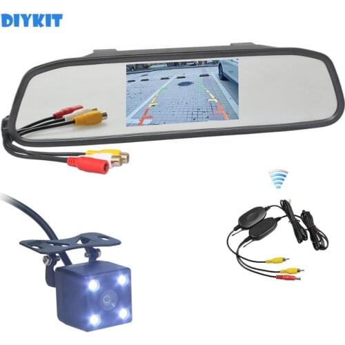 DIYKIT Wireless Auto HD Parking Monitors System LED Night Vision HD Rear View Camera With 4.3 inch Car Mirror Monitor