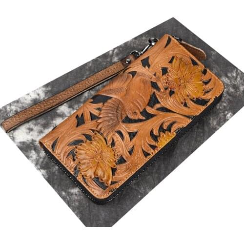 Handmade Flower Long Wallet Genuine Leather Clutch Bag Women Men Wallets Luxury Male Wrist Purse Wallet Unisex Coin Phone Pocket