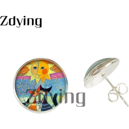Zdying Cute Cartoon Cat Family Stud Earring Glass Animal Art Picture Cabochon Jewelry For Kids Girls Party Birthday Gift YC050