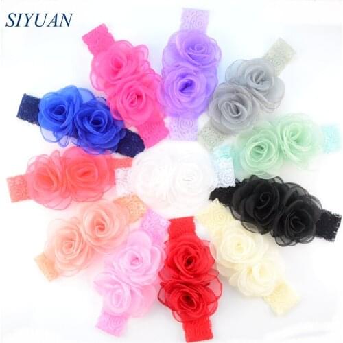 30pcs/lot Fashion Lace Headband with Burned Satin Silk Twin Camellia Flowers Girl Headwear Accessories Handmade Boutique FD226