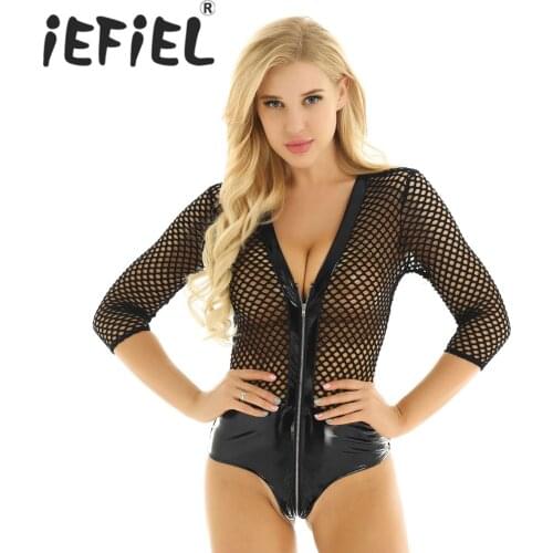 Fashion Women See Through Fishnet Faux Leather Splice Deep V Neck 3/4 Sleeve High Cut Front Zipper Teddy Bodysuit Nightwear