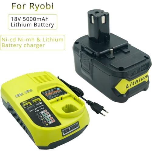 Set of 18V 5000mAH Li-ion RB18L50 Rechargeable Battery for Ryobi one plus P108 + New P117 Charger for Ryobi 9.6V-18V EU Plug