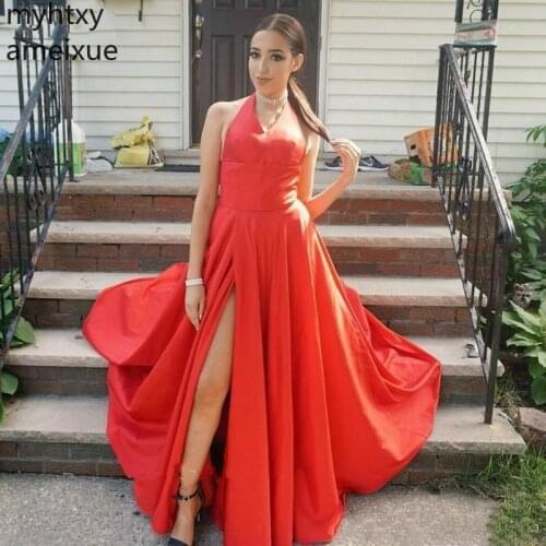 2019 New Cheap Red High Split Sexy Robe Evening Dress Halter A Line Ruffle Arabic Dubai Party Formal Dresss Wear Custom Made