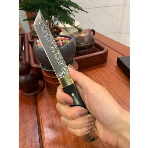 New VG10 Damascus Steel Knife Japanese Style,Outdoor Tactical Survival Camping Tool,Brass&Ebony Handle,Wood Sheath With Gift Box