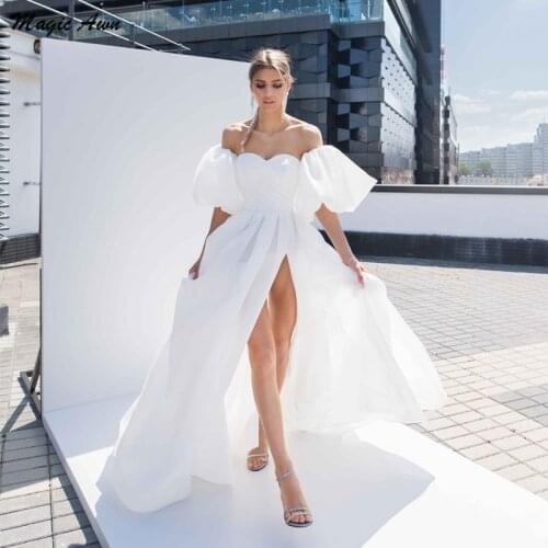 Magic Awn Charming Organza Wedding Dresses 2021 Sweerheart Side Split Detachable Puffy Sleeves Lace-Up Back Boho Bridal Gowns