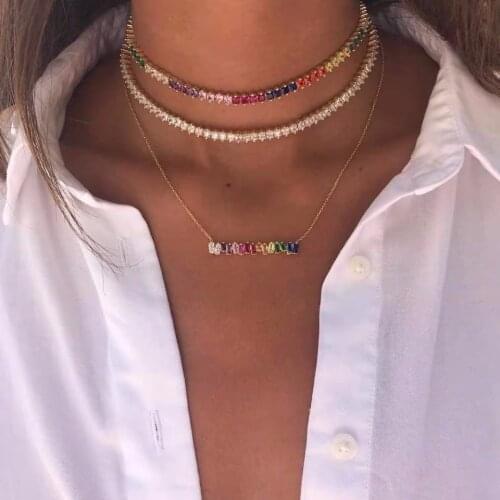 Gold Color Necklace With Rainbow CZ Chain Colorful CZ Charm Choker Tiny Link Chain Necklace Jewelry For Women Girl