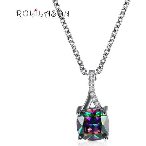 ROLILASON Party Rainbow Cubic Zirconia Crystal Plant Crystal Necklace Fashion Jewelry silver color Necklaces Pendants LN649