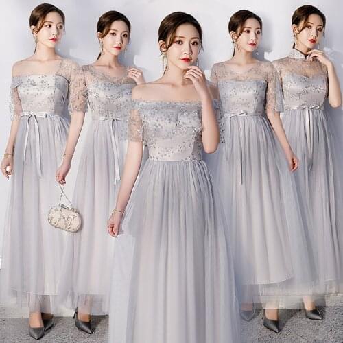 Summer A-Line Ankle-Length Mesh Zipper Floral Belt Elegant Pink Gray Women Company Annual Meeting Bridesmaid Dresses 9748