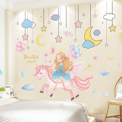 [SHIJUEHEZI] Cartoon Girl Unicorn Wall Stickers DIY Stars Hangings Wall Decals for Kids Bedroom Baby Room Home Decoration