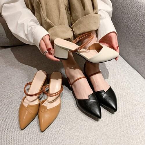 YMECHIC Summer 2020 Block Chunky Heels Ladies Shoes Pointed Toe Sewing High Heel Pumps Black Beige Strap Mules Plus Size 34-43