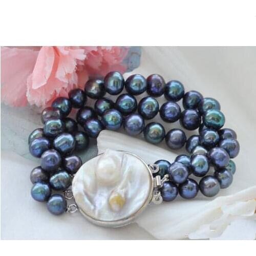 Luck Jewelry Store 3 Row 8'' 9mm Black Round Freshwater Real Pearl Bracelet Birthday Party Fashion Jewelry Charming Women Gift
