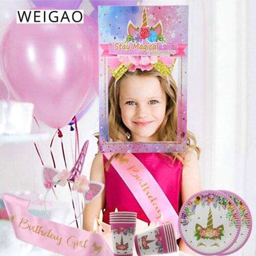 WEIGAO Unicorn Birthday Decoration Paper Plates Cups Girl Birthday Party decor Headband Sash Baby Shower Photo Booth Frame Suppl