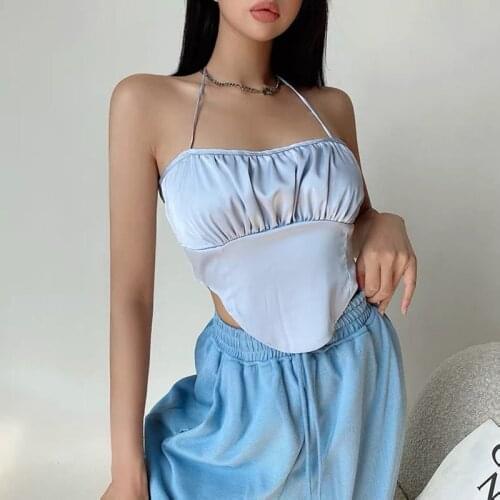 Tank Tops Women Summer Indie Cyber Y2k Halter Sexy Crop Top Folds Baby Tee Trendy Buttons Sleeveless Strapless Backless Top
