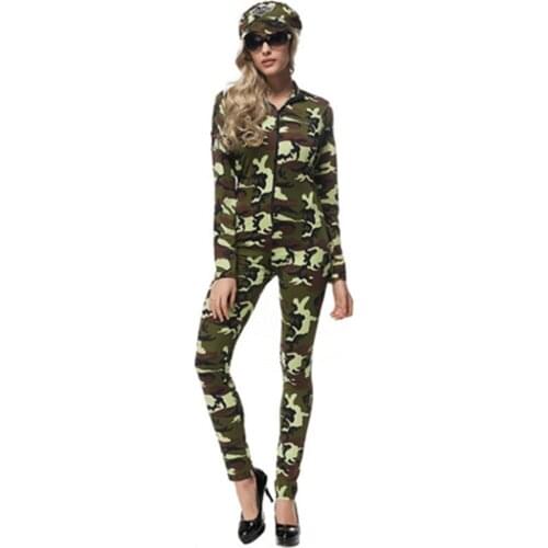 Sexy Women Long-sleeved zip-front Camouflage field Army Costume Army Instructors Halloween Cosplay Clothing and Hat