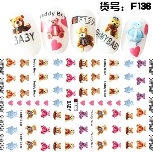 3 sheets Teddy bear design ADhesive Nails Art decorations Stickers nail accessories beauty manicure tool nail decals F134-136