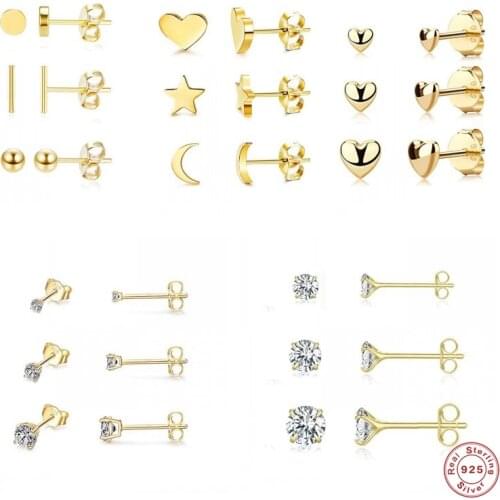 3PCS/Set Stud Earrings S925 Sterling Silver Moon Star Love Small Earring for Ladies Women Zircon pendientes plata 925 Jewerly