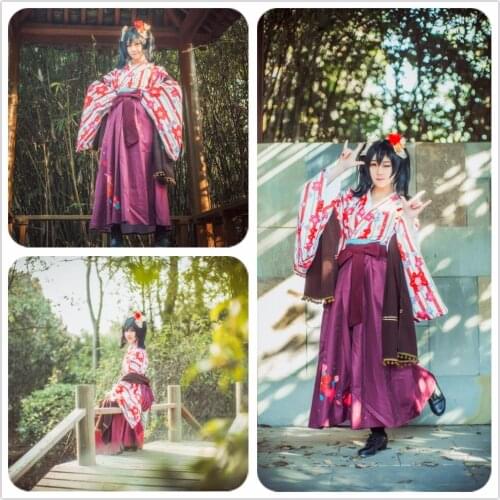 Anime Love Live! Yazawa Nico Taisho Kimono Unawakened Cosplay Costume Women Red Striped Shirt Hairpin Burgundy Skirt Halloween
