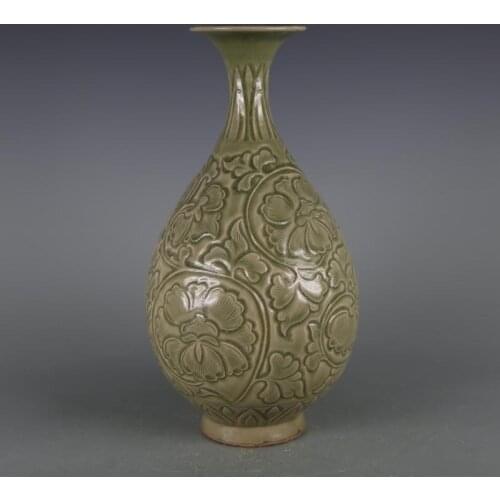 Antique SongDynasty Handmade porcelain vase,Celadon carved flower peony bottleHand-painted crafts,best collection& adornment
