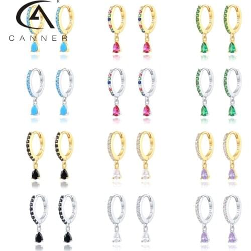CANNER Hoop Earrings for Women 100%Real 925 Sterling Silver Water Drop Colorful CZ Zircon Round Earings pendientes Fine Jewelry