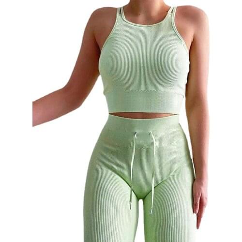 Seamless Yoga Set Crop Top Bras Legging Sports Solid Color Vest Suit Drawstring Slim Body Lifting Hip Fitness Pants Yoga Suit