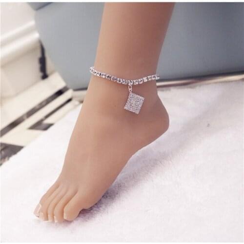 Wholesale Hip Hop Crystal Tennis Anklet Bracelet for Women Beach Fashion Rhinestone Square Leg Ankle Bracelet On The Leg Jewelry