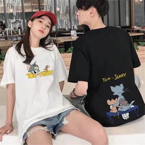 Black Cartoon Cat Printed T Shirt For Girl Oversize Funny Amine Tees Summer Loose High Street Harajuku Couple T-Shirt Females