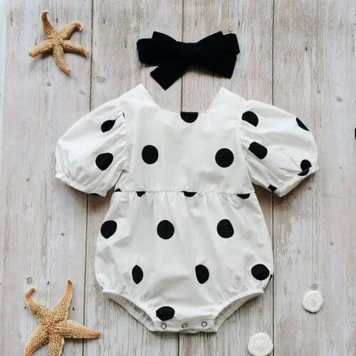 Newborn Baby Girl Polka Dot Bodysuit Classic Short Puff Sleeve Short Sleeve Jumpsuit with Bow Headband Toddler Baby Clothes 0-2Y