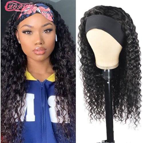 Deep Wave Headband Wig Human Hair Brazilian Full Machine Made Human Hair Wigs With Headband No Glue Scarf Wig For Black Women